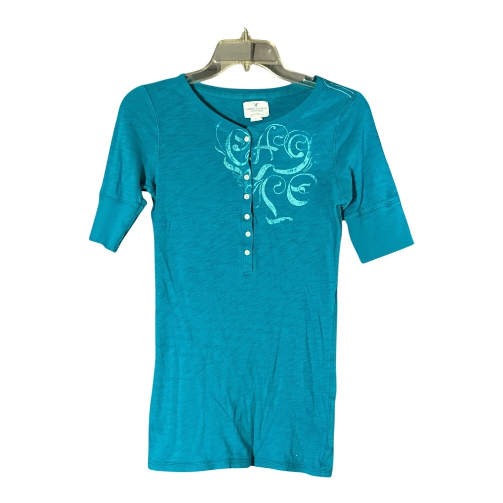 American Eagle Y2K Tattoo Print Slim Fit Henley Top Teal Blue Large